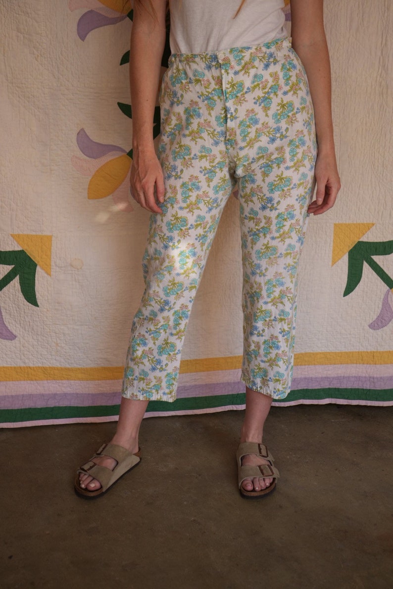 1960s Cotton Pajamas Pants / Floral Printed Cotton / Pj Trousers / Undergarments / Cotton Pajama Loungewear image 4