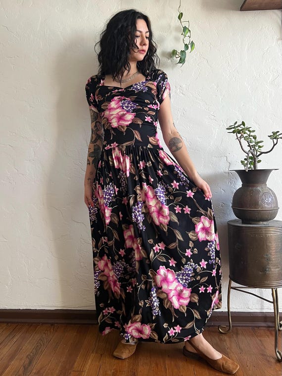 1940's Jersey Dress / Old Hollywood / Floral on Inky Black Print / Forties Starlet Gown / Evening Wear / Wedding Party / Anniversary