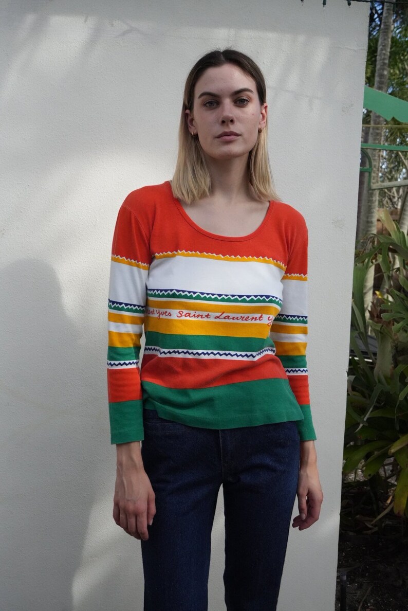 1970's Yves Saint Laurent Long Sleeve Top / Vintage 70's Stripe Jersey Pullover / Orange Green White Yellow Lightweight Shirt / Scoop Neck image 1