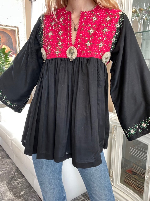 70s Vintage Blouse / Embroidered Colorful Summer Blouse with Metal Bells / Bell Sleeves