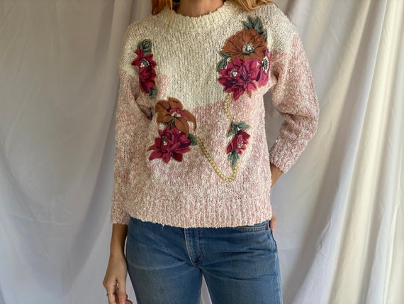 Vintage Bead Sweater / Pearly Beaded 80’s Appliqu… - image 2