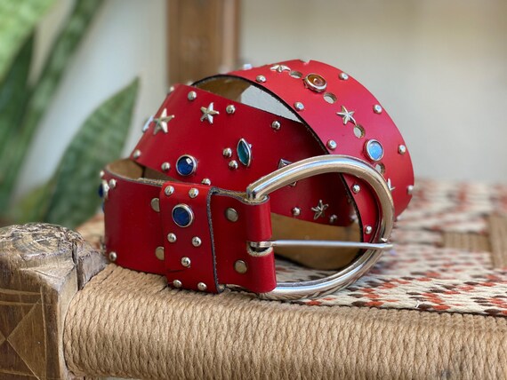 Vintage Red Leather Belt / Star Rhinestone Silver