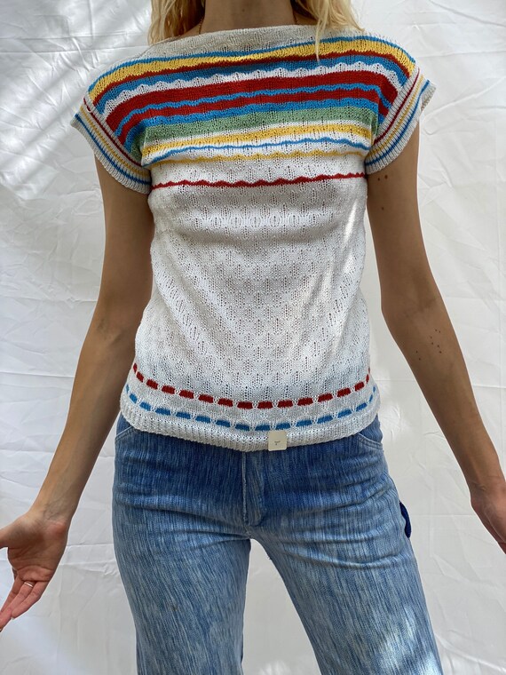Stripe 70's Knit Top / Boat Neck Sweater / 1970's… - image 4