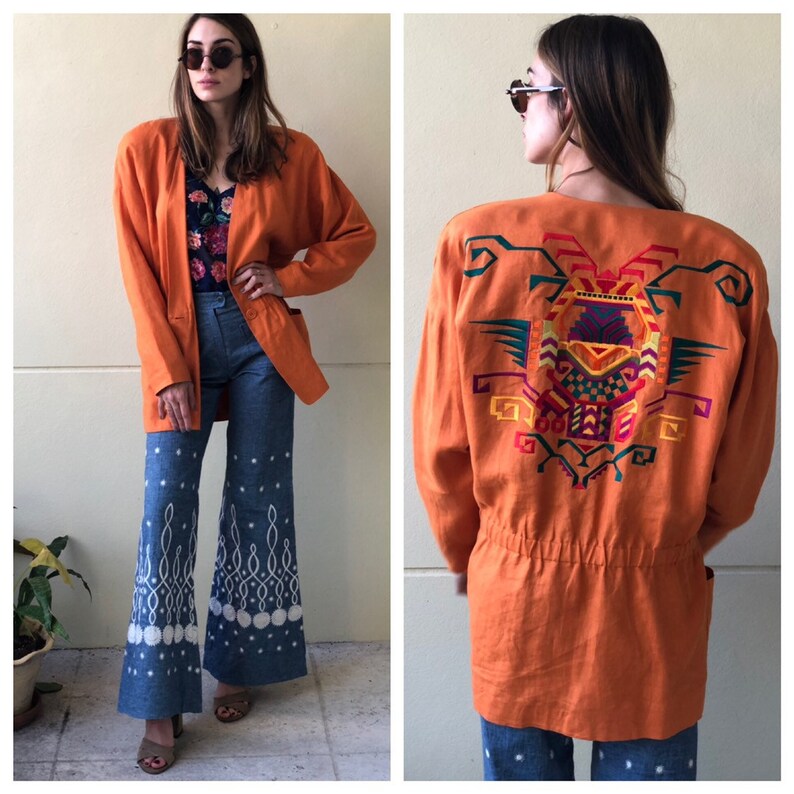 Oversized Jacket / Vintage Linen Jacket / 90's Southwest Vintage Jacket / Embroidered Orange Cotton Blazer / Linda Allard for Ellen Tracy image 2