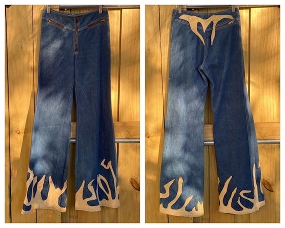 1970's Denim and Leather Jeans / Fire Flames Leath