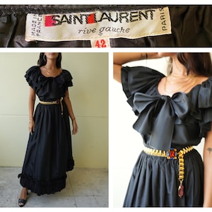 Yves Saint Laurent Silk Taffeta Blouse and Maxi Skirt Set / YSL Rive Gauche / Rare Black Vintage / Frilly Sleeves  / Wedding Guest Dress