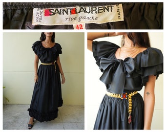 Yves Saint Laurent Silk Taffeta Blouse and Maxi Skirt Set / YSL Rive Gauche / Rare Black Vintage / Frilly Sleeves  / Wedding Guest Dress