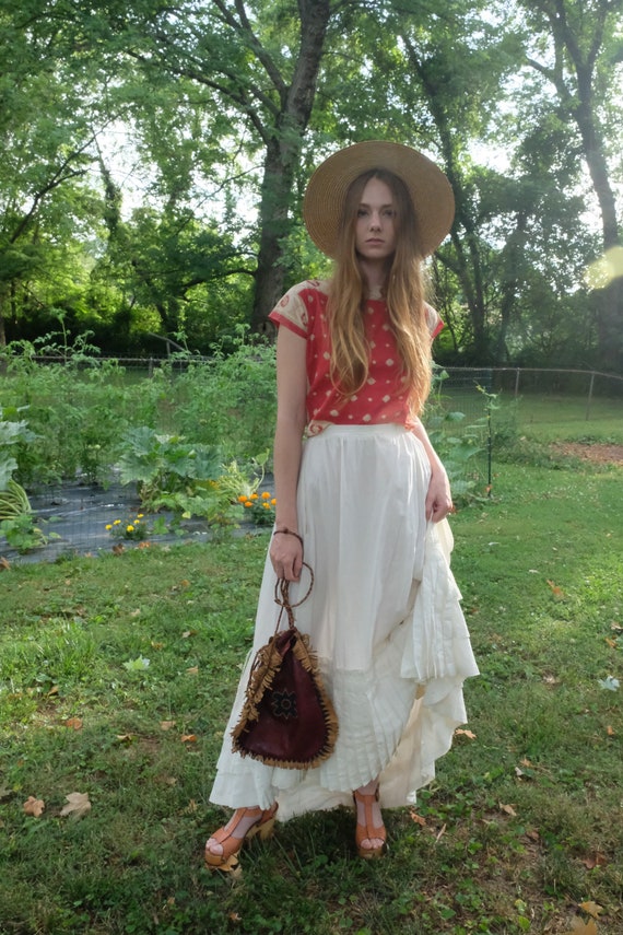 1970's Leather fringe Purse / Floral Leather Handb