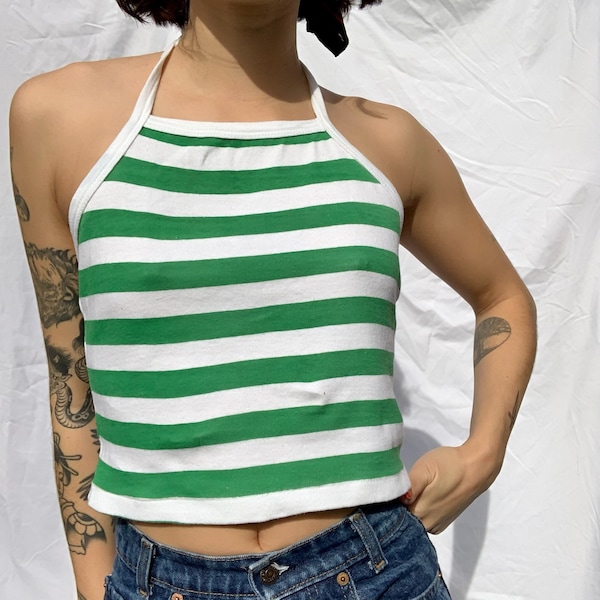1970's Stripe Halter Top / Striped Nautical Summer Shirt / Crop Top / Vintage Backless Shirt / Sun Top / Seventies Festival Shirt
