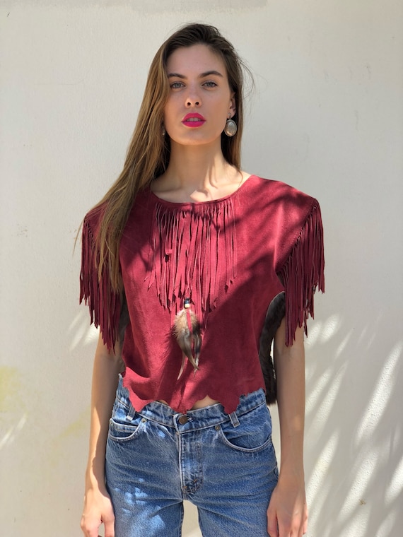 Suede Leather Shirt / 70's Leather Blouse / Fringe