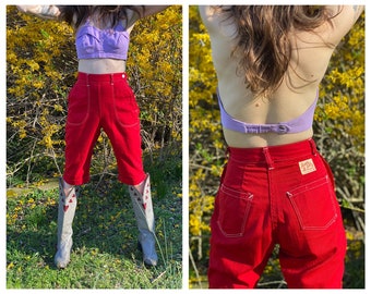 1940s Jeans / Cherry Red Clamdiggers / Sanforized Denim / 23-24 Inch Waist / Happy Jill Cropped Jeans Long Shorts