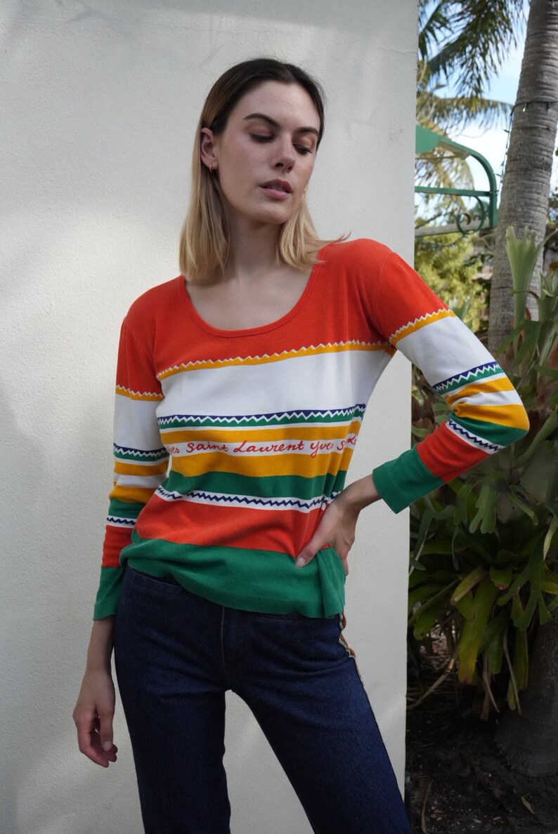 1970's Yves Saint Laurent Long Sleeve Top / Vintage 70's Stripe Jersey Pullover / Orange Green White Yellow Lightweight Shirt / Scoop Neck image 8