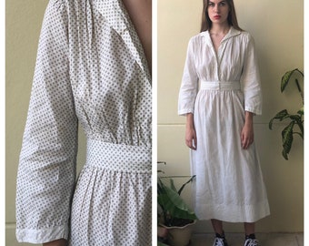 Antique Cotton Dress / 1910's Cotton Workwear Dress / Black on White Calico Printed Cotton / Original Workwear Dress / Teens Antique