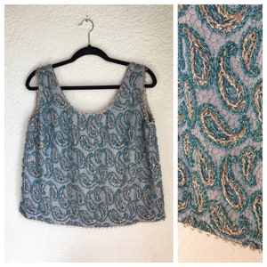 1960s Evening Shirt / Couture Incredible Heavily Beaded Blouse / Sleeveless Party Top / Cocktail Hour / Fancy Prom Shirt / Ice Blue
