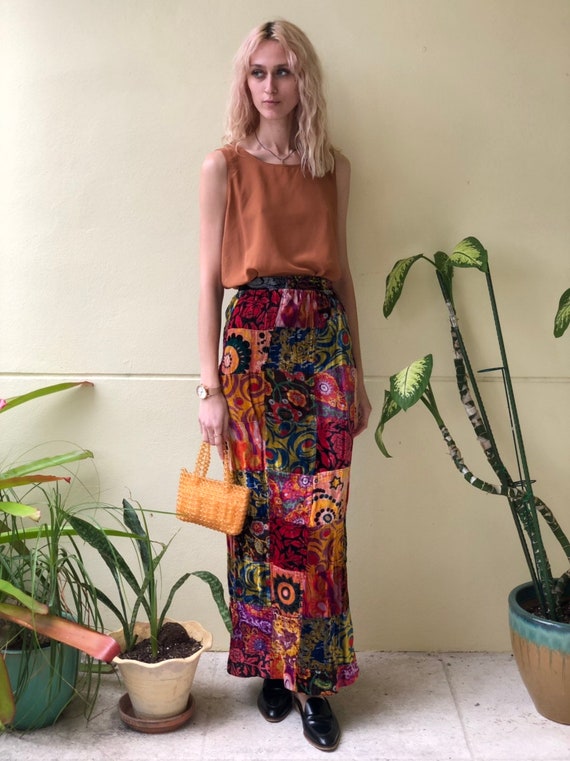 1960s Maxi Skirt / Velvet Patchwork Skirt / Burgun