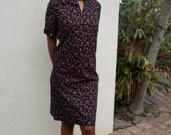 Vintage Shift Dress / 1960's Floral Cotton Midi Dress / Collar Shirt Dress / Mod Secretary Dress