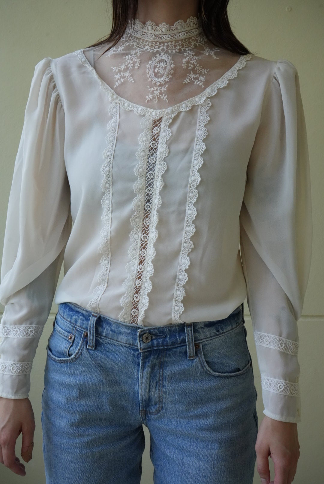 Vintage 70's Lace Blouse / Vintage Sheer Blouse / High