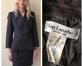 1990's Guy Laroche Black Striped Skirt Suit / Sexy Secretary Sexy CEO / Vertical Pin Stripes / Mix and Match / Blazer Jacket Skirt Suit