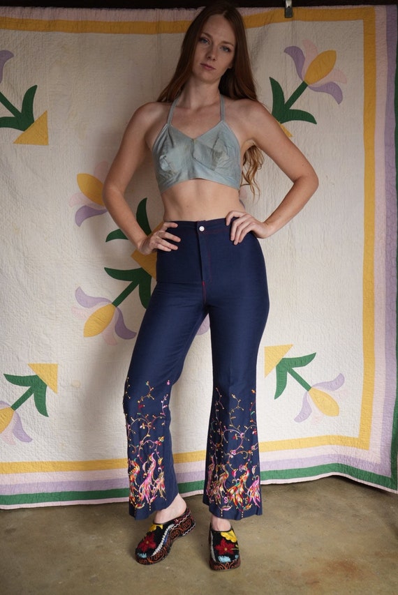 1970's Bell Bottom Jeans / Peacock Embroidered and