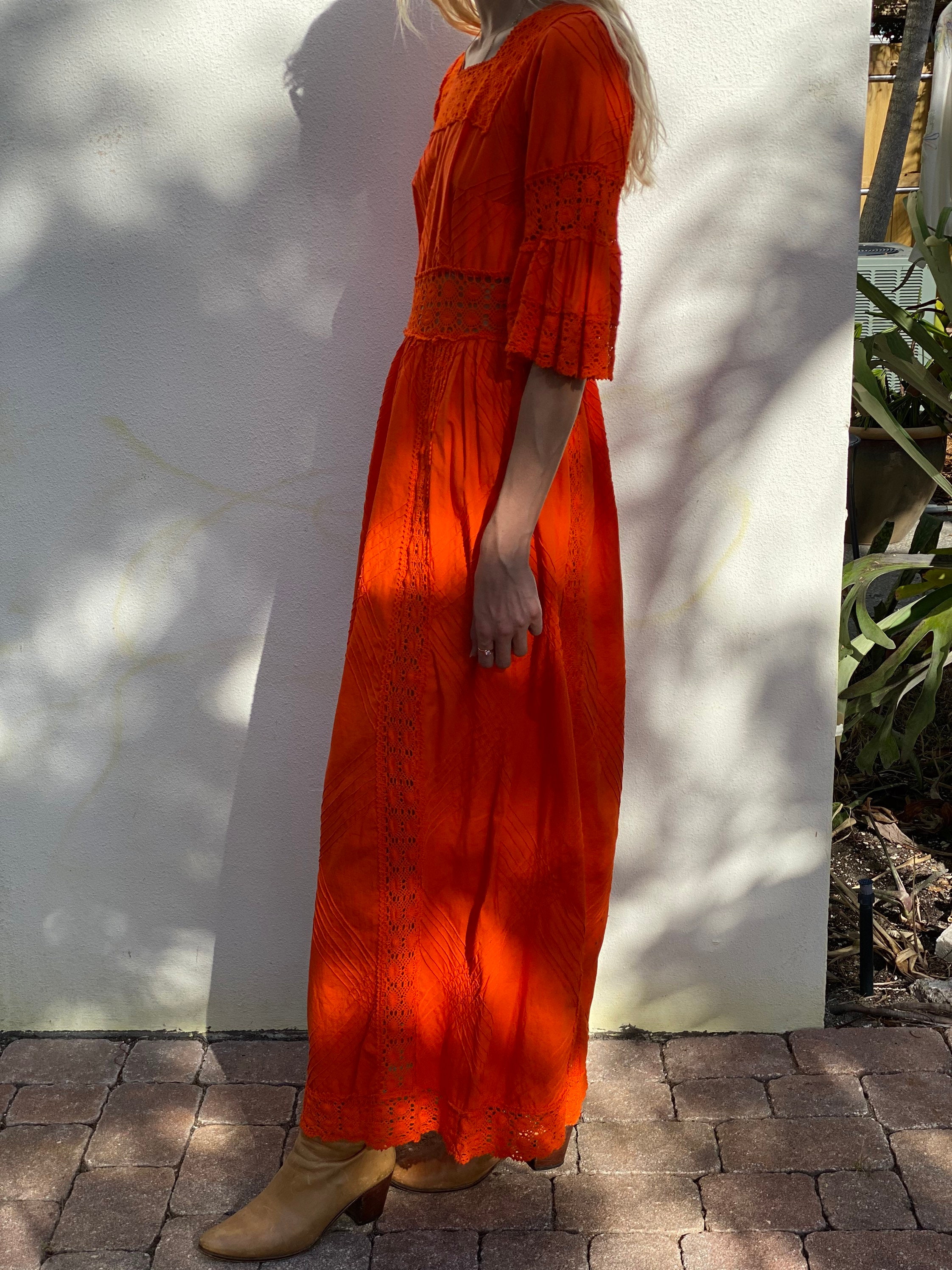 70s Orange Maxi Dress / Mexican Wedding Dress / Haute Hippie | Etsy