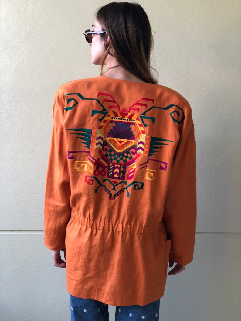 Oversized Jacket / Vintage Linen Jacket / 90's Southwest Vintage Jacket / Embroidered Orange Cotton Blazer / Linda Allard for Ellen Tracy image 10