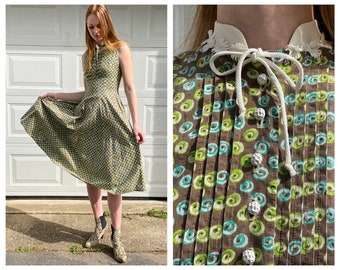 1950s Cotton Dress / Green Swirly Abstract Atomic Printed Cotton Sixties Dress / 1960's Pinup Dress