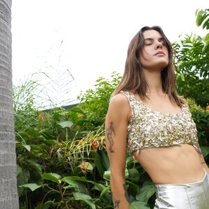 1960s Silver Bejeweled Crop Top / Couture Incredible Heavily Beaded Blouse / Sleeveless Party Top / Cocktail Sixties Party Wear /The Factory image 4