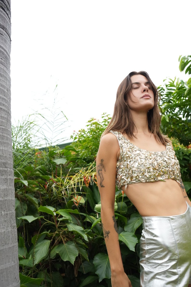 1960s Silver Bejeweled Crop Top / Couture Incredible Heavily Beaded Blouse / Sleeveless Party Top / Cocktail Sixties Party Wear /The Factory image 4