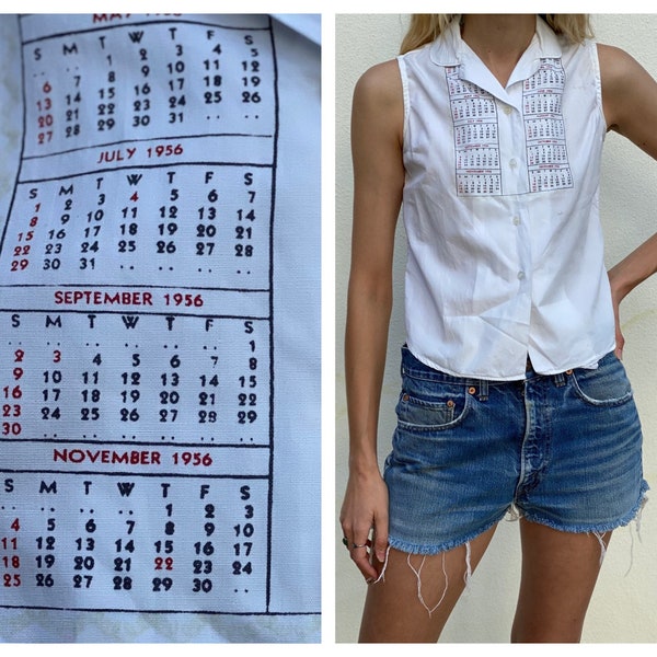 50s Novelty Blouse / Calendar Girl Print 1956 / Mad Men Betty Draper Tank Top / Button Up Shirt / Set a Date! Shirt / Collar Blouse