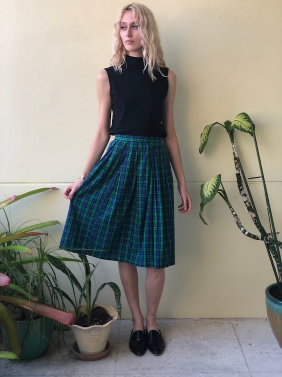 1950's Skirt / Cotton Midi Skirt / Plaid Kelly Gr… - image 2