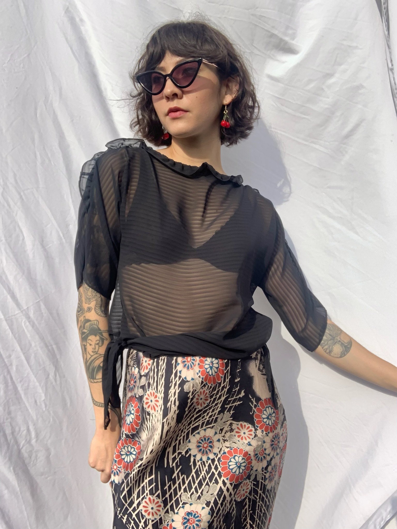 1980's Sheer Blouse / Side Tie Frilly Sleeve See Through Shirt / Sheer Top  / Sexy Sheer Blouse / Black Rayon Blouse -  Canada