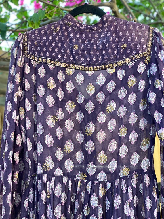 1970's Adini Indian Cotton Dress / Boho Gold Painted … - Gem
