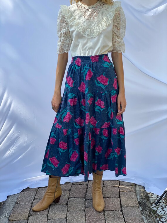 Vintage Laura Ashley Skirt Tiered Folk Skirt Cottage Core Blue