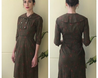 1950s Novelty Dress / Lock and Key Printed Dress / Brown Cotton Printed Dress / Sixties Wiggle Dress / 1950's Cotton Dress