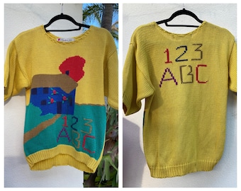 80's Novelty Knit Top / Cotton Short Sleeved Sweater / Intarsia ABC Sweater / Primary Colors Kindergarten Teacher Shirt Top Blouse Sweater