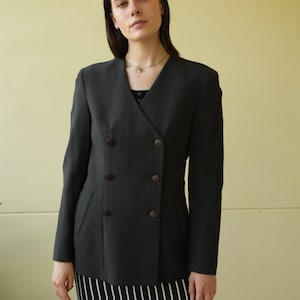 Giorgio Armani Suit Jacket / Double Breasted Blazer / Charcoal Gray Italian Designer Work Wear / Resort Luncheon / Plunging Neckline
