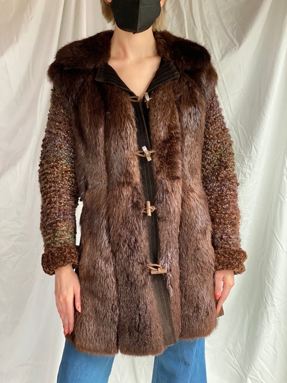 1980s Fur and Chenille Knit Coat / Brown Seventies