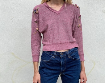 1970’s slouchy sweater with metallic knit / rosette knit top / silver threading / 3D flowers sweater