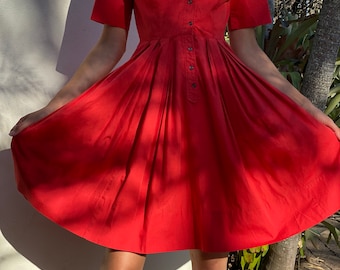 1960s Red Cotton Dress / Fit n Flare Shirt Dress / 1950's Pinup Dress / Fifties Day Dress / Summer Dress / Cherry Tomato Red