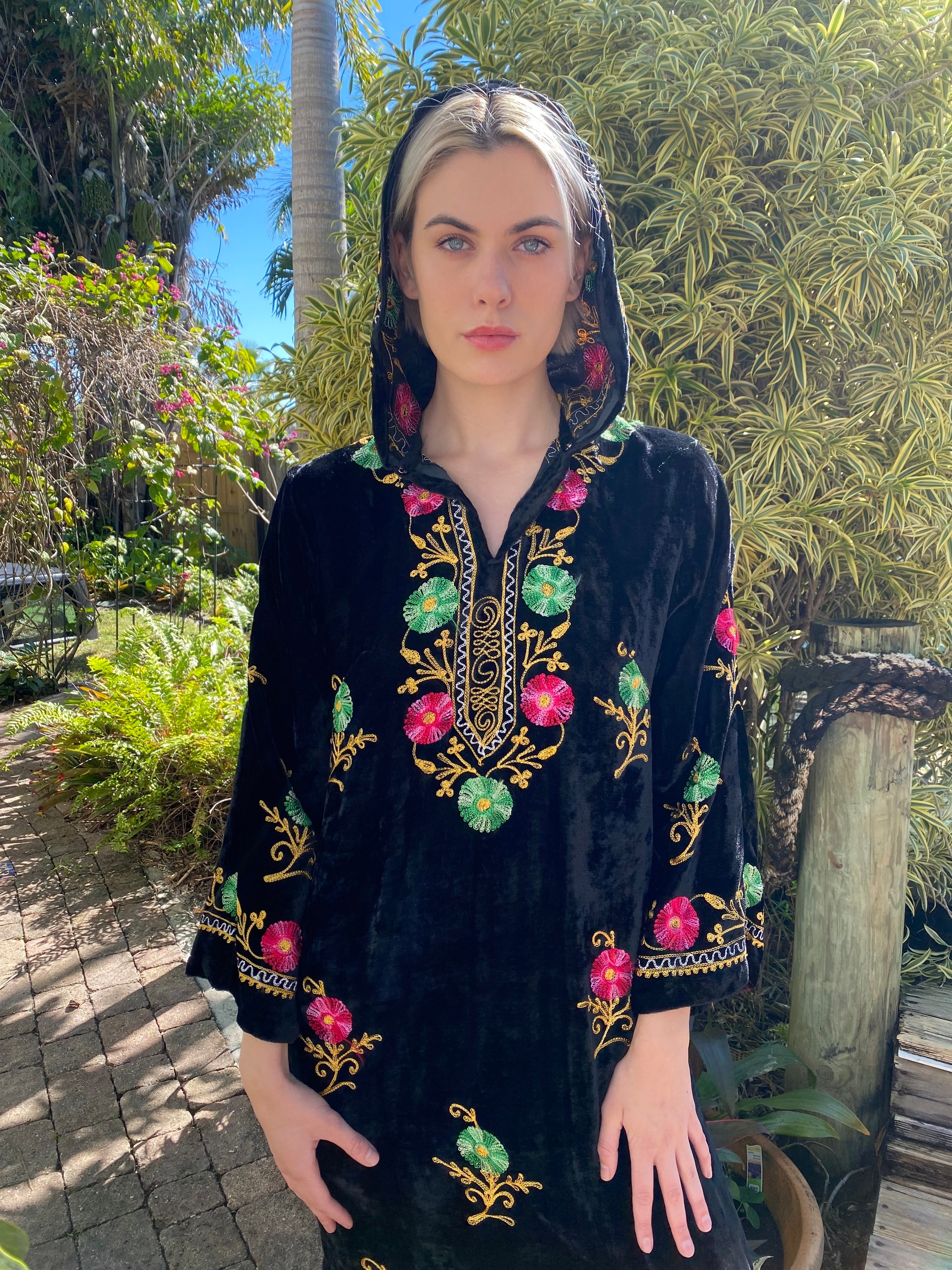 Buy 1960 s Black Velvet Dress Hooded 1960 s Embroidered Velvet Maxi Gown Holiday Party Dress Bell Sleeves Haute Hippie Online in India Etsy