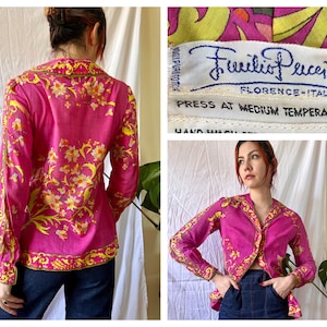 1960&#39;s Emilio Pucci Blouse / Button Up Cotton Shirt / Lightweight Pink and Yellow Cotton Shirt / Sixties Designer Womenswear / Resortwear