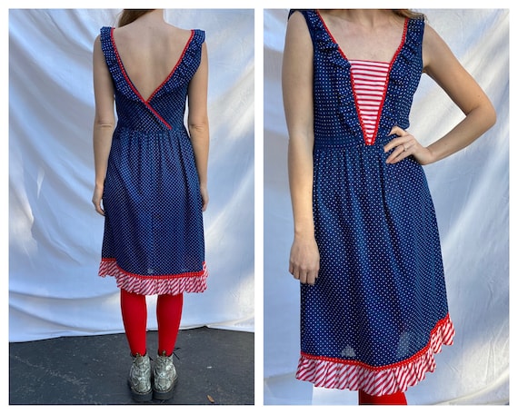 Vintage Summer Dress / Swiss Dotted Blue Red and … - image 1