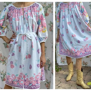 Vintage Novelty Dress / Floral Tablecloth Printed Tunic Balloon Sleeve Dress / Gorgeous Midi Dress / Wedding Guest Dress / Summer Dress image 1