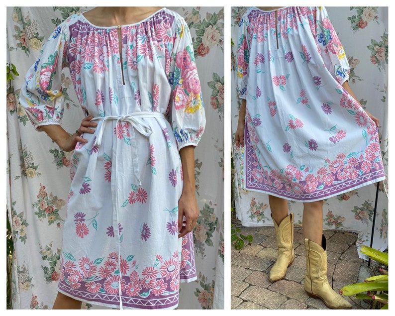 Vintage Novelty Dress / Floral Tablecloth Printed Tunic Balloon Sleeve Dress / Gorgeous Midi Dress / Wedding Guest Dress / Summer Dress image 1