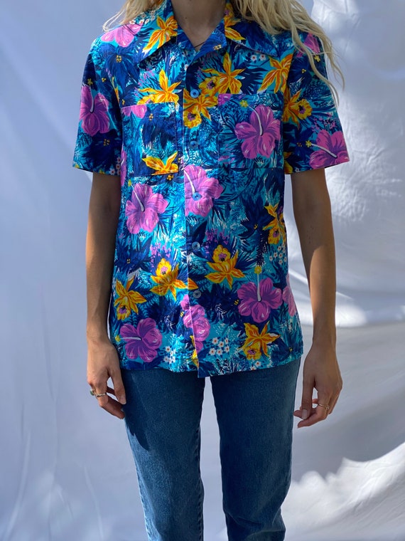 Chemise vintage hawaïenne à fleurs en coton bleu pour