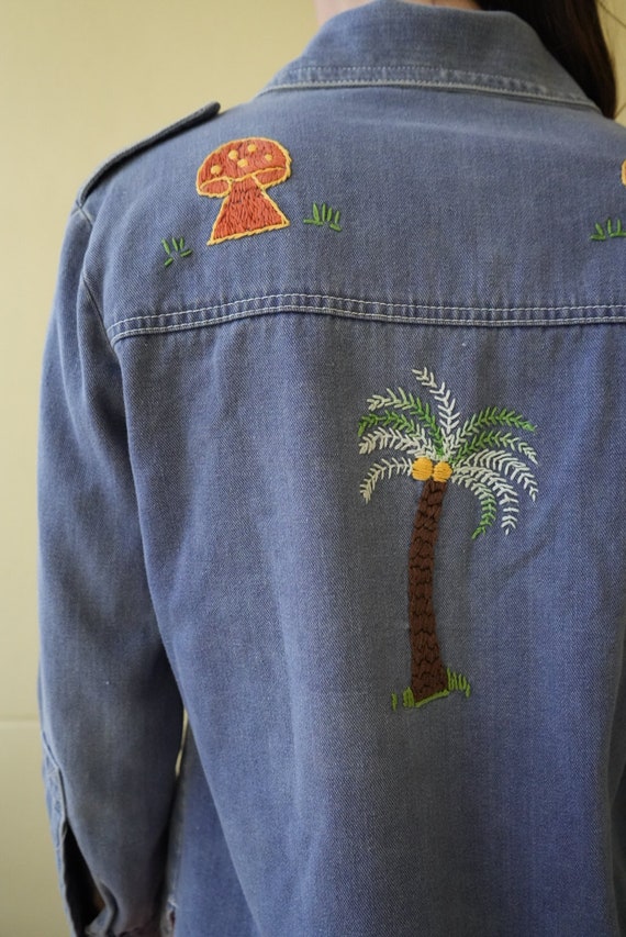 1970's Denim Jacket / Embroidered Floral Mushroom… - image 3