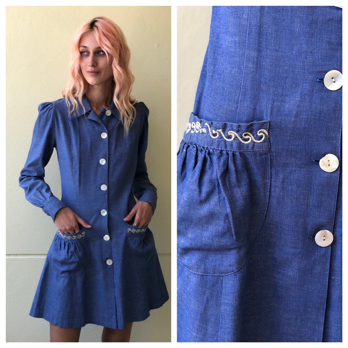 Vintage 1930's Denim Shirt Dress/Distinctive Nina Lou Frocks 1940's Cotton Thirties Ocean Waves Embroidery