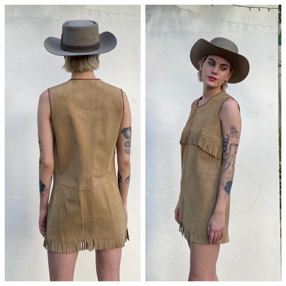 1960s Mini Dress / Suede Leather Fringe Mini Dres… - image 4