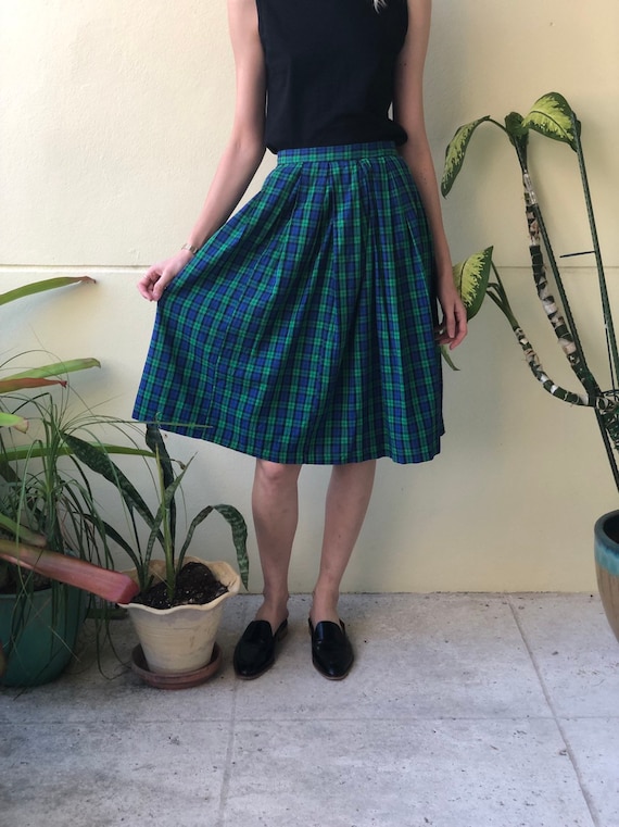 1950's Skirt / Cotton Midi Skirt / Plaid Kelly Gre