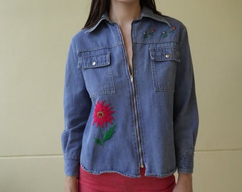 1970's Denim Jacket / Embroidered Floral Mushroom and Palm Tree Denim Jacket / Stage wear / Small Denim Jacket / Denim Shirt Wide Collar